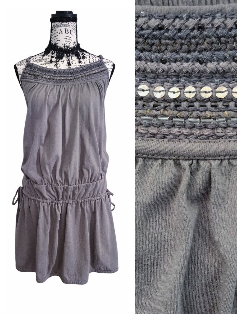 Y2K AEO Gray Black Beaded Crochet Drawstring Waist Mini Sundress‎ XL 00s